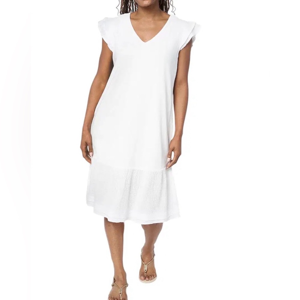 New QVC AnyBody White Slub Jersey & Gauze Mixed Dress / Small Petite